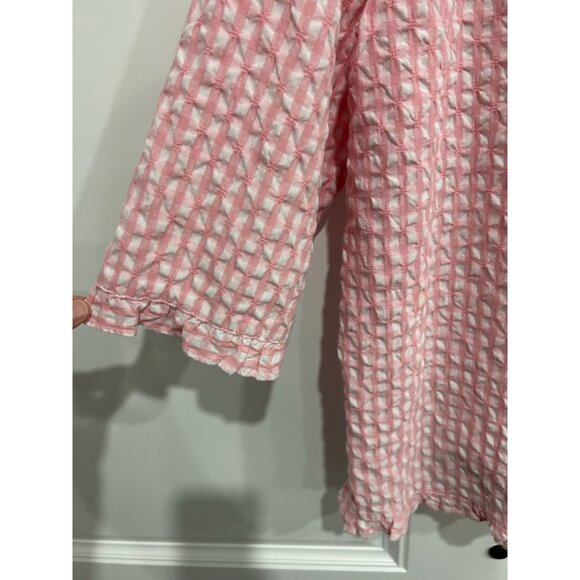 Denim & Co Pink Checkered Button Shirt XL Lightweight 3/4 Sleeves Collar Ruffle - Picture 4 of 10
